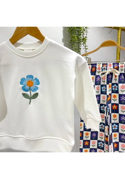 Cg Kids Çiçek Nakışlı Sweatshirt Ve Desenli Eşofman Kız Çocuk Alt Üst Takım Beyaz