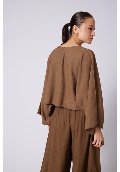 Keten Karışımlı Pelerin Bluz Olive