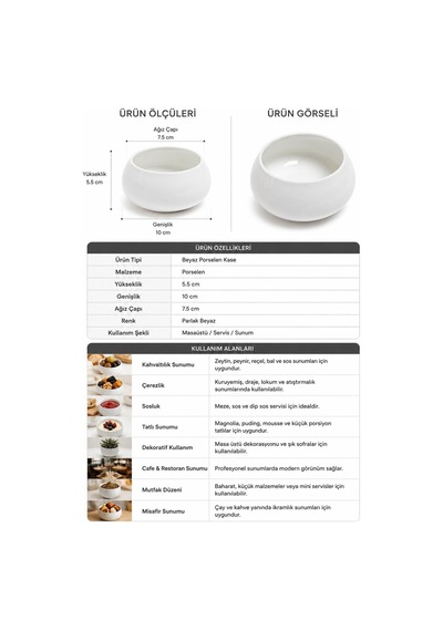 6 Lı Beyaz Porselen Kase Seti Kahvaltılık Çerezlik Sosluk Tatlı Sunum Kasesi 5.5x10 Cm