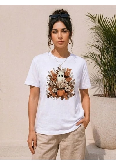 Efnaz Style Balkabağı Hayalet Baskılı Tişört Kısa Kol Yazlık T-shirt - Beyaz
