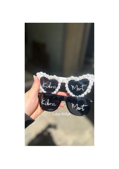 Kişileştirilmiş Gelin Damat Gözlük- Bride Gözlük İncili Siyah - Beyaz