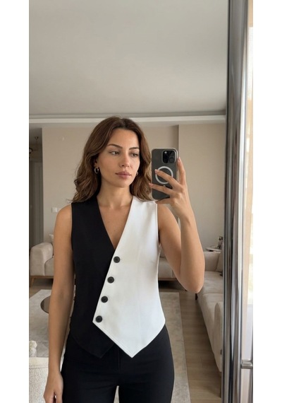 Butik İstanbul Kadın Sıfır Kol V Yakalı Düğmeli Blok Renkli Atlas Yelek Siyah
