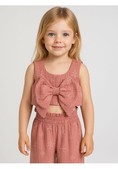 Zekids Kız Çocuk Müslin Crop Pantolonlu Takım-16077 Gül Kurusu