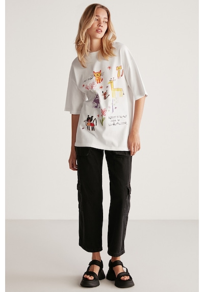 Grımelange Mıllıe Kadın %100 Organik Pamuklu Oversize Kalıp Bol Kesim Baskı Ve Nakış Detaylı Beyaz T-shirt
