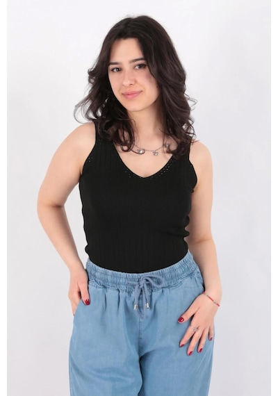 Fashion Friends V Yaka Askılı Bluz Siyah Siyah