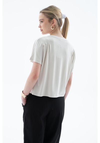 Fashion Friends Dökümlü Viskon Crop Bluz Taş Taş