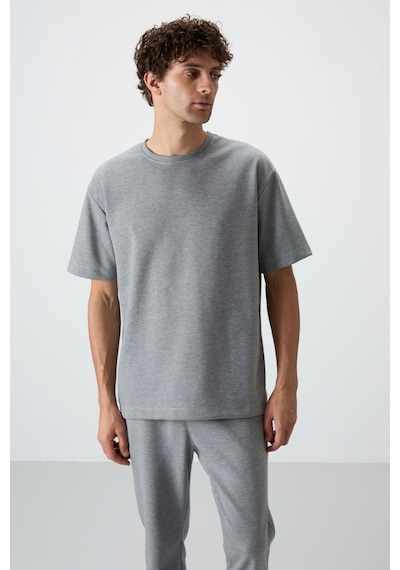 Tommy Life Gri Melanj Pamuklu Kalın Yumuşak Dokulu Oversize Fit Basic Erkek Eşofman Takım - 85251 GRİ MELANJ