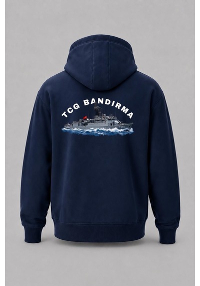 Bahriyeli Collection Kapüşonlu Tcg Bandırma Dalgalar Arası Tasarımlı Cep Ve Sırt Baskılı Unisex Sweatshirt Lacivert