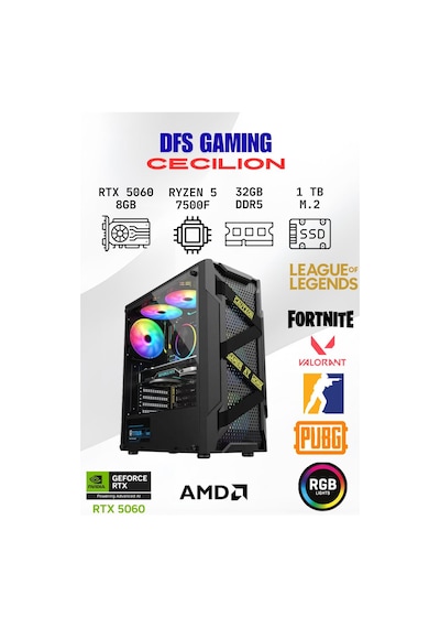 DFS Gamıng Cecılıon R5-7500F 32 GB 1 TB M.2 SSD RTX5060 Free Dos Masaüstü Oyuncu Bilgisayarı