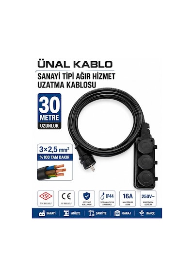 Ünal Kablo Sanayi Tipi Ağır Hizmet Uzatma Kablosu 30 Metre 3x2.5 Mm %100 Tam Bakır Seldur Kauçuk 3'lü Grup Priz Orel Kauçuk Fiş Ip54 Ip44 30 M