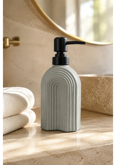 Çizgili Bohem Minimal Cam Sıvı Sabunluk - 250ml - 14x6x5.5 Cm Gri