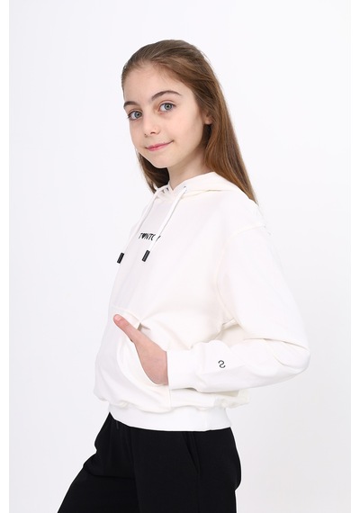 Toontoy Kız Çocuk Oversize Kapüşonlu Cepli Düşük Omuz Baskılı Sweatshirt - 2 İplik Ekru