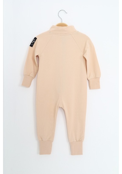 Toontoy Kids Toontoy Erkek Bebek Baskılı Dik Yaka Fermuarlı Reglan Kol Basic Tulum Bej