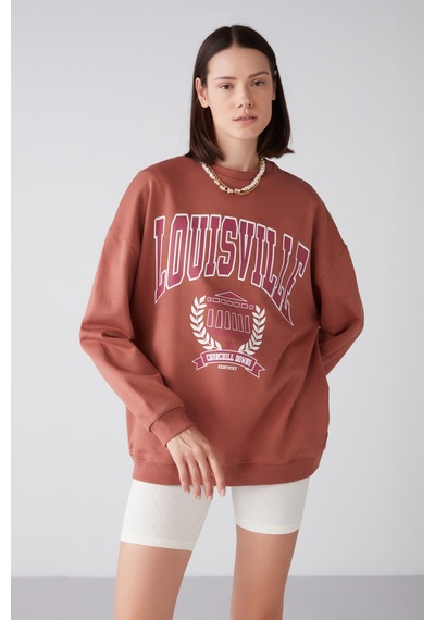ETHIQUET RA ONA Kadın Oversize Yumuşacık İçi Polarlı Organik Pamuklu Baskılı Yuvarlak Yakalı Kiremit Rengi Sweatshirt