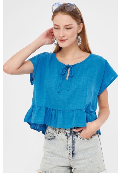 Armonika Kadın Mavi Yarasa Kol Yakası Bağlamalı Eteği Fırfırlı Oversize Crop Bluz Arm-24y001088