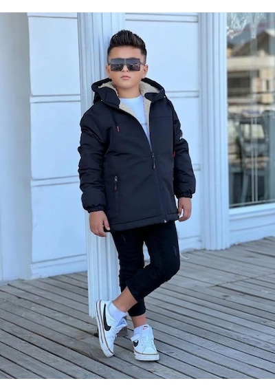 Pina Kids Erkek Çocuk Kürklü Çıkarılabilir Kapüşonlu Oversize Kışlık Mont Km4030 Siyah