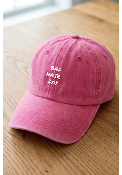 Emybox Bad Hair Day Yazılı Yıkamalı Unisex Şapka - Eskitme Metal Tokalı Ayarlanabilir Baskılı Beyzbol Şapka Koyu Pembe