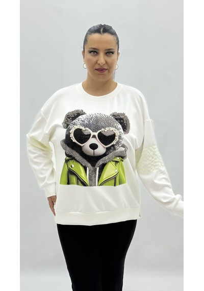 Büyük Beden Ayıcık Grafikli Taşlı İnci Detaylı Uzun Kollu Oversize Kadın Sweat Beyaz