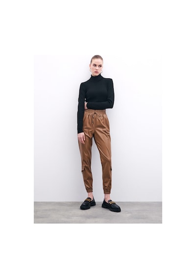 Sateen Bel Lastikli Deri Jogger Pantolon - Bej-135876 Bej