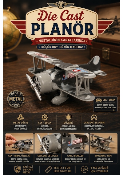 Die-cast Metal Çek Bırak Oyuncak Savaş Uçağı 15 Cm Kamuflaj Desenli