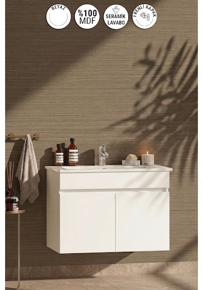 Lotus 75 Cm Beyaz Mdf Seramik Lavabolu Asma Banyo Alt Dolabı