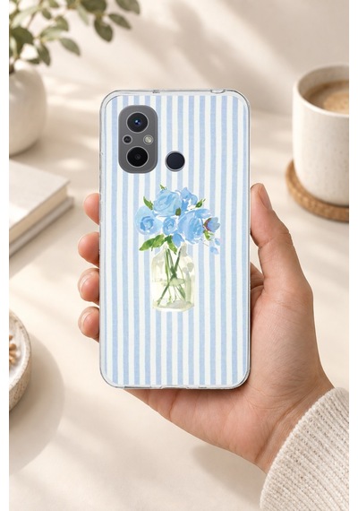 Redmi 12c Uyumlu Mavi Çizgili Sulu Boya Çiçek Baskılı Silikon Kılıf