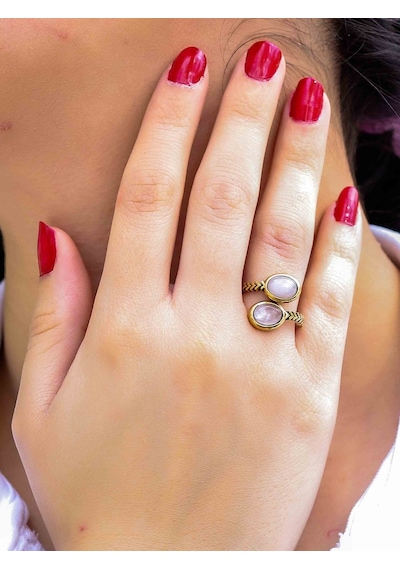 Doğal Taş Pembe Kuvars İkili Doğal Taşlı Antik Model Kadın Ayarlanabillir Yüzük Euy75pk Pembe
