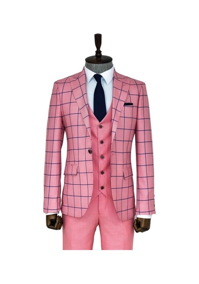 Wessi Ekose Ceketli Slim Fit Pembe Erkek Kombinli Takım Elbise Pembe