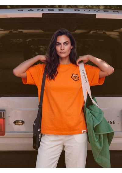 Onloox Kadın Turuncu Turuncu Pamuklu Bisiklet Yaka Rahat Kalıp Nakışlı Ayıcık Detaylı Kısa Kollu T-shirt