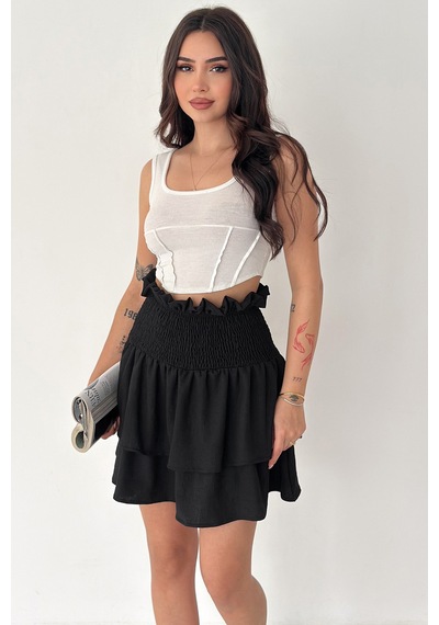 Kadın Katlı Smock Bel Mini Short Etek Summer Layers Siyah
