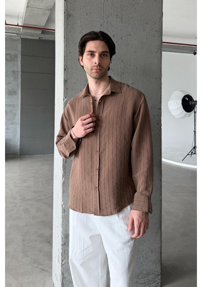 Erkek Oversize Çizgili Modal Gömlek Kahverengi