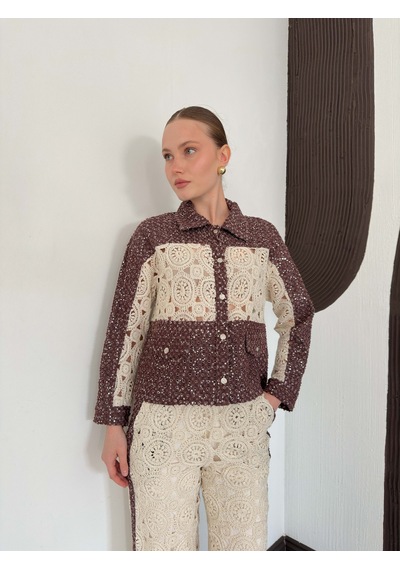 Verymoda Dantel Detatlı Kot Ceket F1758 Ham Kahve