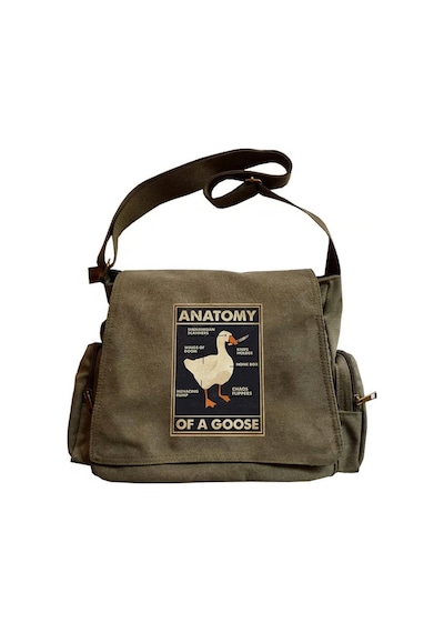 Duck Anatomy Baskılı Unisex Yeşil Postacı Çantası Haki
