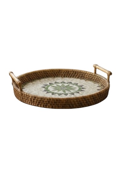 Akayev Sedefli Rattan Tepsi Kahverengi 28cm Çok Rengi