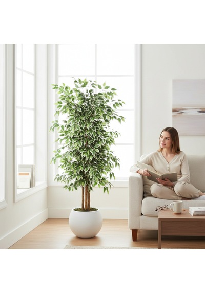 Yapay Ficus Ağaç 150 Cm Beyaz Küre Saksı Yeşil