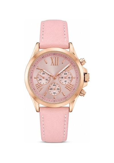 Kadın Kol Saati Pembe Deri Kordon Rose Gold Kasa Pembe Analog Kadran St-304456