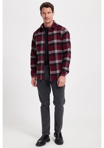 Tudors Erkek Slim Fit Dar Kesim Kareli Kışlık Oduncu Gömlek-42349 Bordo
