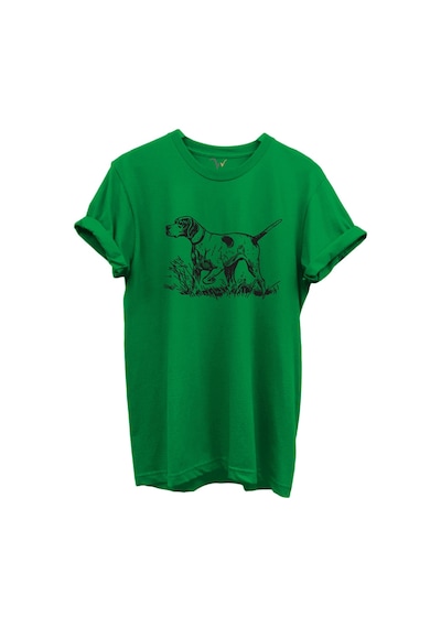 Siyah Çizgisel Pointer Av Köpeği Tasarımlı %100 Pamuk Regular Fit Unisex T-shirt Yeşil