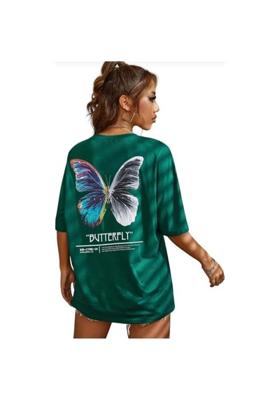 Kozia Outdoors Kadın Butterfly Baskılı Bisiklet Yaka Tişört Yeşil Yeşil