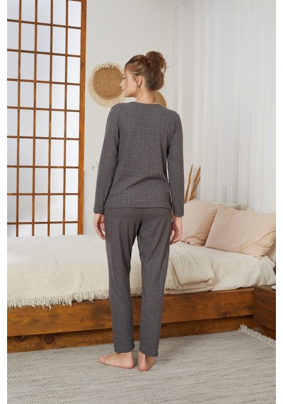 Siyah İnci Şardonlu Kışlık Örme Pijama Takım25226002 Antrasit