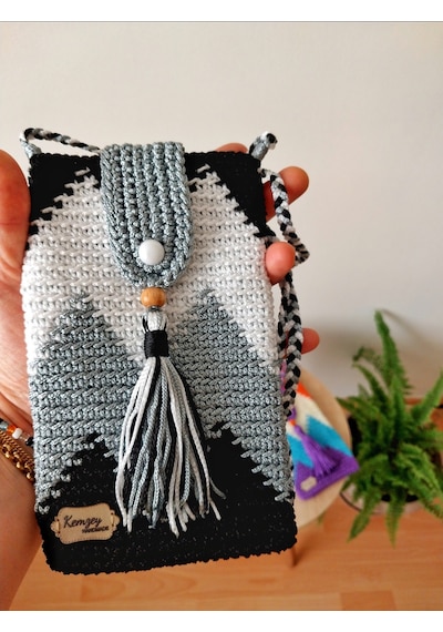 Kemzey Handmade Wayuu Telefon Çantası, El Yapımı Örgü Telefon Çantası Siyah - Beyaz