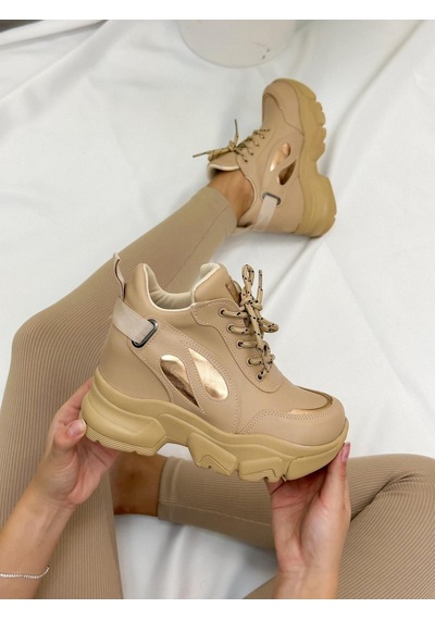 Erva'nın Butiği Bej Cilt Punto Kadın Bağcıklı Sneakers-4899