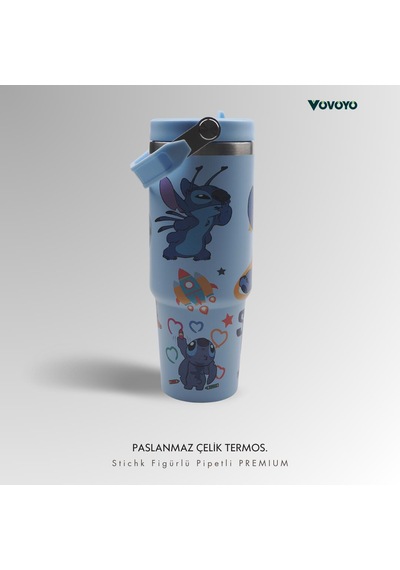 Figürlü Premium Paslanmaz Çelik Termos Mavi