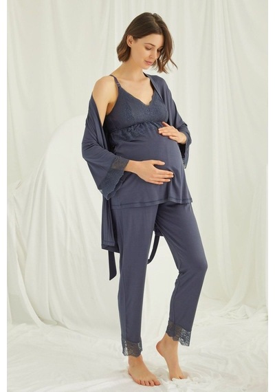 Burdagel Monamise Kadın Lacivert Hamile Lohusa Sabahlıklı Pijama Takım 184