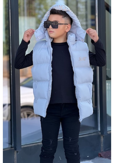 Pina Kids Erkek Çocuk Baskılı Çıkarılabilir Kapüşonlu Şişme Yelek 3017 Gri