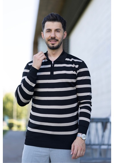 Hk Premium Kazak Fermuarlı Polo Yaka Çizgili Triko Sweatshirt Siyah