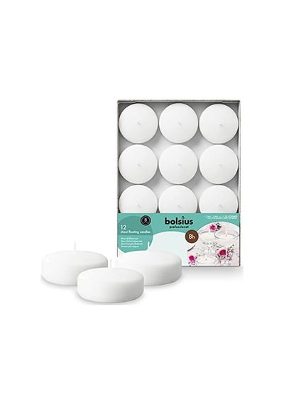 Bolsius Beyaz Mega Yüzen Mumlar, 8 Saat Yanma Süreli, Ø 7,6 Cm Çapında, 12 Adet 50 x 22