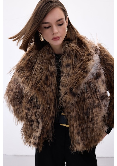 Sateen Leopar Desenli Kürk - Kahve-136710 Kahve