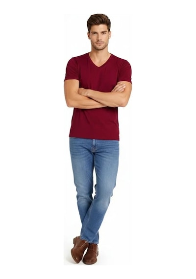 Efnaz Style Erkek T-shirt V Yaka Slim Fit Dar Kesim Likralı Tişört Günlük Basic Body - Bordo