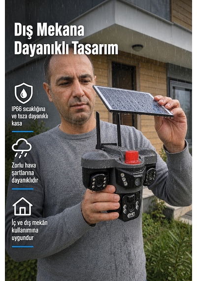 ARM-01 Solar Güneş Panelli 15MP 3 Lensli 4G Sim Kartlı Güvenlik Kamerası 360° PTZ Gece Görüşlü Sesli Dış Mekan V380 Pro